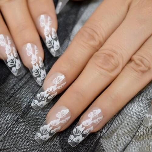 Long Transparent Lady Coffin Nail Tips Butterfly Pattern Elegant Salon Artificial Manicure Full Cover Ballerina Nails