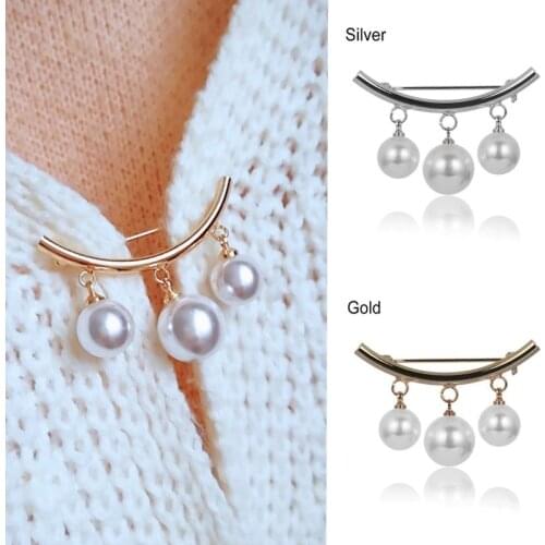 2021 Korean Silver Color Pearl Bead Brooches For Women Cardigan Scarf Anti Wearing Girls Enamel Pin Fixed Straps