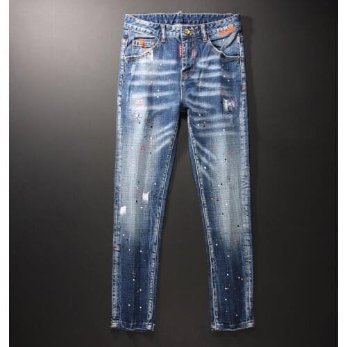 European American Street Fashion Men Jeans Retro Blue Elastic Slim Ripped Jeans Men Painted Designer Hip Hop Denim Pencil Pants