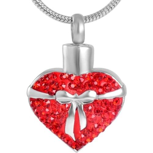 IJD8675 Nice Gift Stainless Steel Distinctive Red Crystal With Bowknot Heart Pendant Necklace Cremation Ash Urn Locket Jewelry