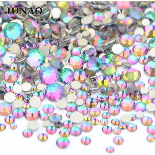JUNAO 1400Pcs Mix Size Green Flame Flat Back Glass Crystal Rhinestone Stickers Nails Crystal Stones Non Hotfix Stones For Crafts