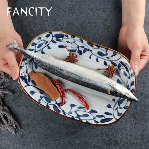 FANCITY Gou Teng retro hand-painted underglaze Japanese-style ceramic plate household square small plate special-shaped plate di