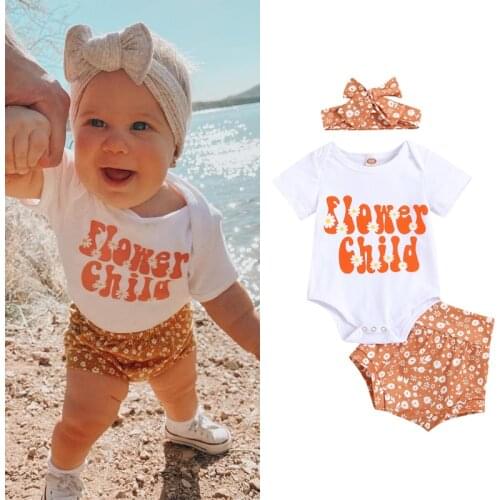 3pcs Summer Lovely Baby Girls Clothes Sets Letter Floral Printed Romper Tops Elastic Shorts Headband 0-18M