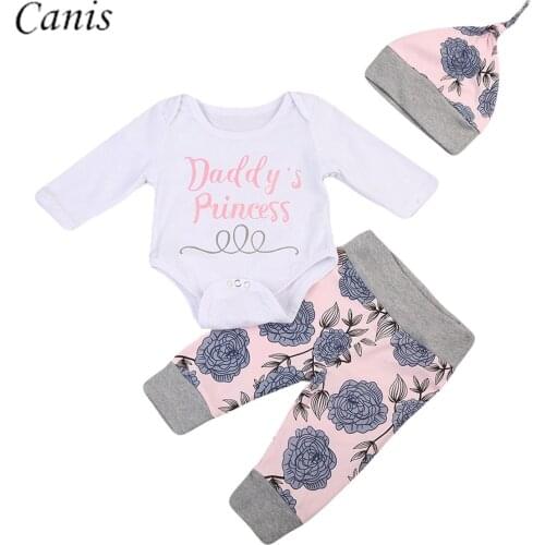 3PCS Newborn Infant Baby Boy Girl Outfits Clothes Set White Tops Romper Long Sleeve + Floral Pants Leggings+ Hat