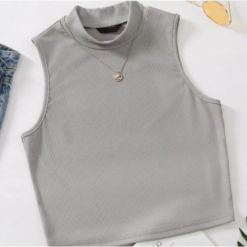Stand-Up Collar Casual Women Tank Top Solid Color Basic Ribbed Cropped Tops Base Vest Skinny Black Pullover Femme Clothes