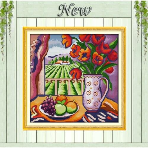 The window view flowers vase & fruit counted print on canvas DMC Sets 11CT 14CT diy needlework embroidery cross-stitching kits