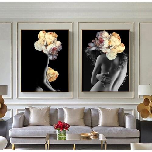WANGART Nordic Pictures Posters Decorative Wall Flowers Feather Nude Women Oil Painting Canvas Wall Art for Living Room Kitchen