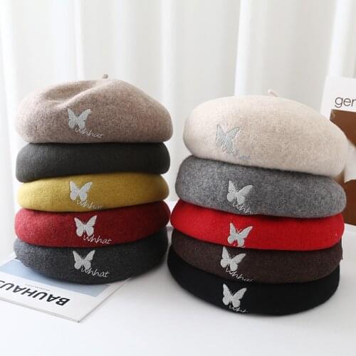New Autumn Winter Butterfly Embroidery Wool Beret Cute Girl Solid Color Painter Hats For Women High Quality Caps Wholesale