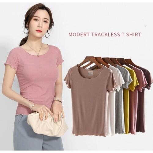 Pure color T-shirt womens blouse thin modal bottoming shirt short-sleeve vintage T shirt woman slim fit t shirt tight tops