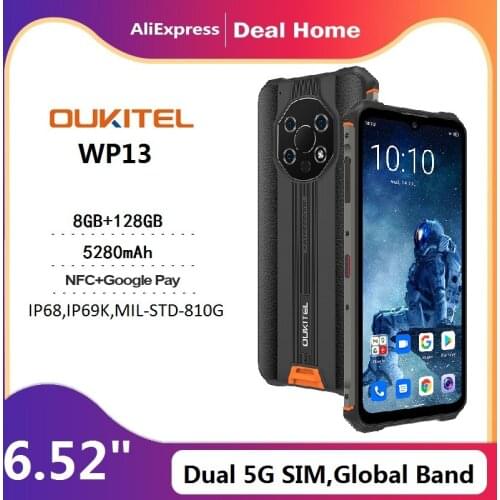 OUKITEL WP13 Global Version 5G Rugged Smartphone NFC 8GB+128GB 5280mAh 6.52''HD+ Mobile Phone 48MP IR thermometer Smart Phone