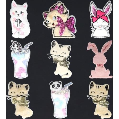 Plush Sequined Patch Sew on Clothes Sweater Decorative Big Embroidered Patches for Clothing Children Sewing Stickers Cartoon Cat