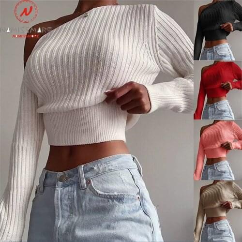 Sexy Women Solid Color Sweaters Irregular Design Inclined Collar Long Sleeve Spring Autumn Slim Pullovers Knitted Short Top