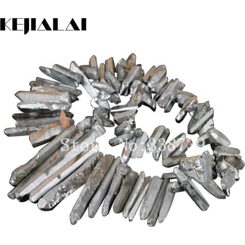 Titanium silver Color Quartz Rough Point Drilled Briolettes Stick Beads Silver Rock Cystal Spike Beads Druzy Quartz Pendant Bead