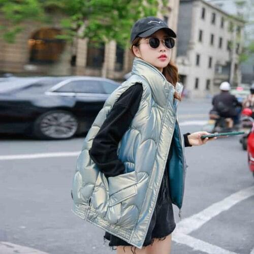 Streetwear 2021 Autumn Winter Short Down Cotton Waistcoat Womens Shiny Vest Jacket Trendy Warm Sleeveless Korean Coat zh1663