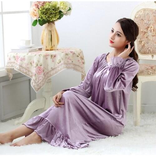 Autumn Winter Ladies Long Sleeve Velvet Noble Korean Velvet Long Princess Nightgown Sleepwear Home Wear Casual Home Clothing