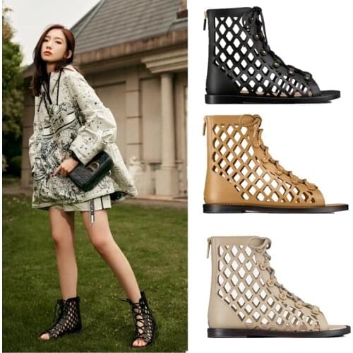 2021 Woman Cross Tied Back Zipper Flat Hollow Out Sandals Cowhide Low Heel Tie Up Boots of Net of Lady Cool Boots
