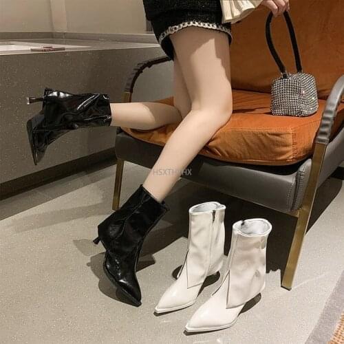 Winter Luxury Women Patent Leather Ankle Boots Western Pointed Toe High Heels Short Boot Designer Party Fashion Shoes Women Boot