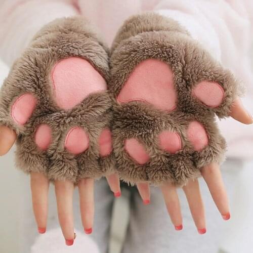 Cute Bear Cat Claw Paw Plush Gloves for Women winter Warm Soft Short Fingerless Mittens Girls Christmas Halloween Gift Accessory