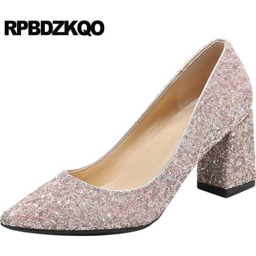 Pumps ladies thick size 4 34 pointed toe bling 33 dress shoes women silver 3 inch 2019 evening glitter medium heels high pink