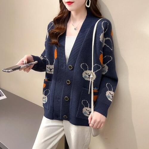 Autumn 2021 fashion new womens cartoon pattern sweater cardigan jacket loose ladies knitted long-sleeved v-neck winter top