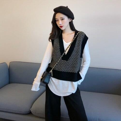 Women Knitted Sweater Vest 2020 Autumn Korean Style Vintage Stylish Color Patchwork V Neck Sleeveless Pullover Tank Tops T395