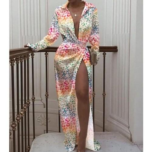 Autumn Women Dress Deep V High Patchwork Pattern Printed Elegant Fashion Sexy Slit Long Shirt Party Dresses