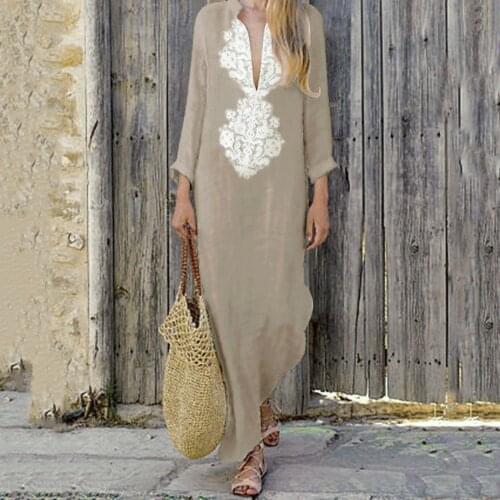 Women’s Vintage Long Dress Printed V-neck Long Sleeve Dress Split Hem Baggy Kaftan Maxi Dresses Linen Loose Beach Dresses 2021