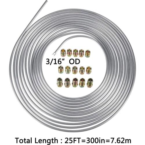 25ft 7.62m Roll Tube Coil of 3/16" OD Copper Nickel Brake Pipe Hose Line Piping Tube Tubing Silver Zinc With 15 Pcs Tube Nuts