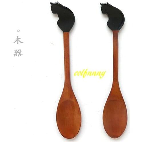 500pcs/lot Fast shipping 21*3cm Lovely Cat Shape Wooden Spoon Ice Tea Wood Spoon Coffee cream Spoon tableware