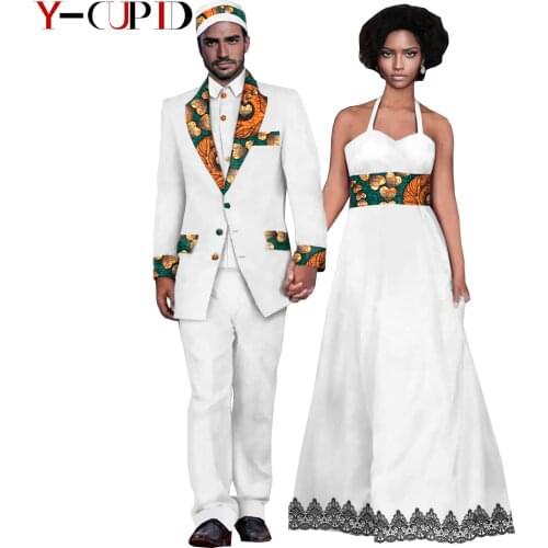 African Clothes for Couples Bazin Riche Wedding Women Long Dresses Matching Men Suits Jacket and Pants 4 Pieces Sets Y21C004