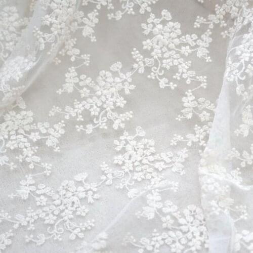 Beige Floral Cotton lace fabric Exquisite Flower Embroidery Nylon Mesh fabric for Bridal Wedding Gown Dance Prom 1 Yard