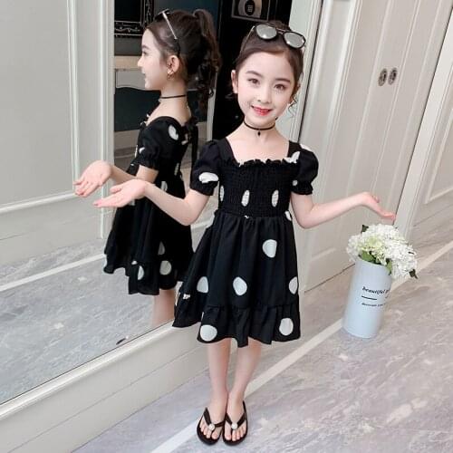 Lovely 2021 Summer Kids Dresses for Girls Black White Classical Puff Sleeve Teenager School Dresses Children Clothing 4 7 9 11 Y