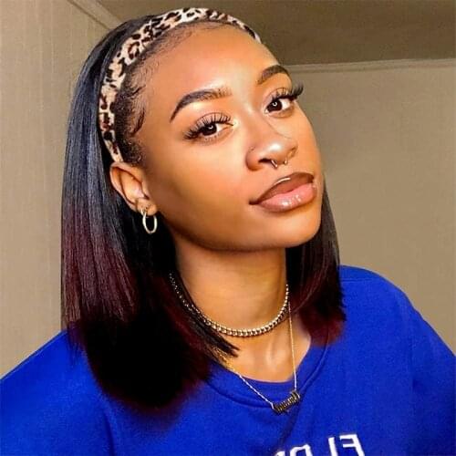 Ombre Highlight Headband Wig Synthetic Headband Short Straight Bob Wigs Full Machine Made Wig Glueless for Black Women