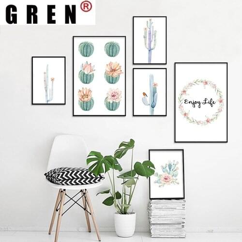 GREN Watercolor Cactus Flower Cartoon Canvas Painting Wall Art Painting Print Poster Picture Bedroom Living Room Home Decoration