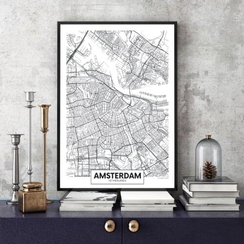 Famous City Map Netherlands Amsterdam Print Canvas Painting Wall Art Pictures Black White Posters Prints Living Room Home Decor