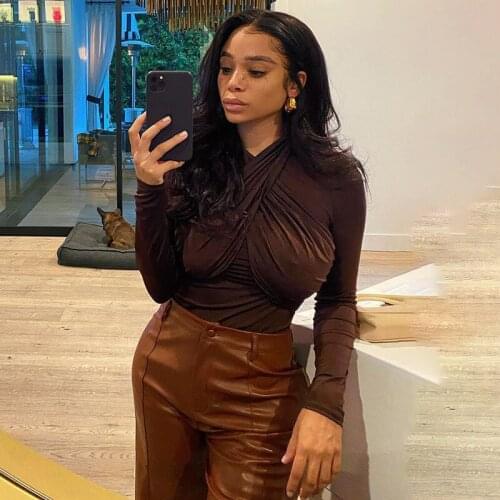 Womens Wild Solid Color Bodysuit Long Sleeve Halter Cross Wrapped Chest Slim Casual Daily Bodycon Rompers for Spring Autumn