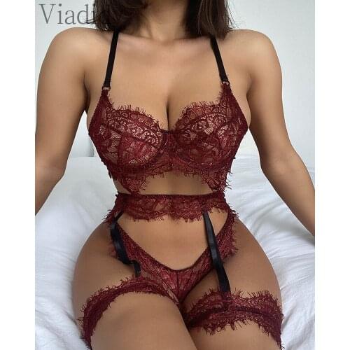 Women Eyelash Crochet Lace Garter Lingerie Set