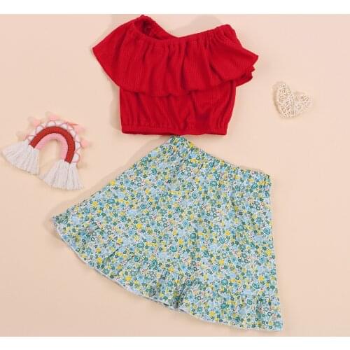 2 Pieces Kids Suit Set Summer Solid Color Round Neck Flay Sleeve Tops+ Floral Print Midi Skirt for Girls Red1-6 Years
