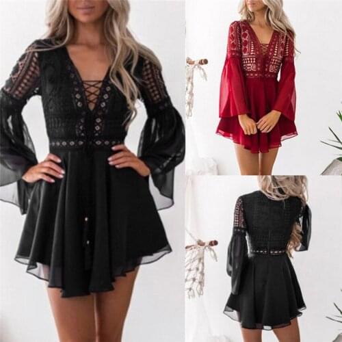 Mini Dress Women Sexy Semi-Sheer Checkered Dress V-Neck Long Sleeve Crochet Lace Hollow Out Solid Color Dress Summer