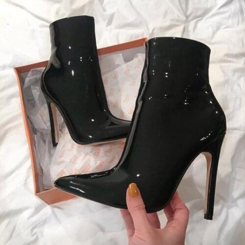Moraima Snc Black Patent Leather Woman Boots Sexy Pointed Toe Riding Boots Super High Thin Heels Ankle Boots