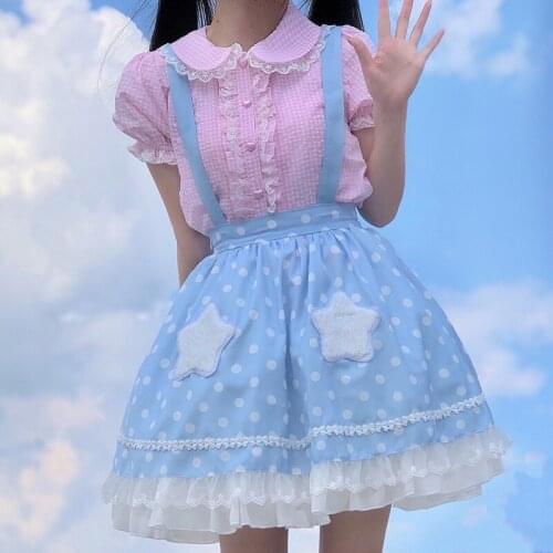 Y2k Japanese Preppy Style Cute Lace Peter Pan Collar Soft Girl Lolita Shirt Summer Baby Doll Short Sleeve Ruffle Plaid Blous