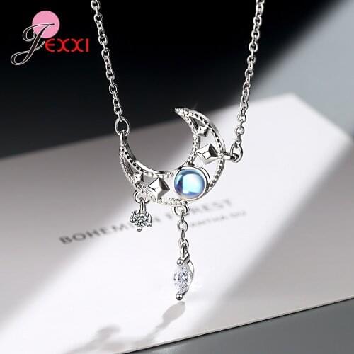 Elegant Hollow Moon Zircon Tassel Pendant Necklace 925 Sterling Silver Colorful Moonstone Collar for Women Girl Gift