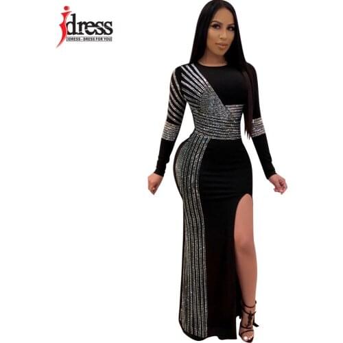 IDress Black Diamond Sequin Dress Sexy Slit Bodycon Long Maxi Dress Long Sleeve O Neck Night Club Evening Party Tight Dresses