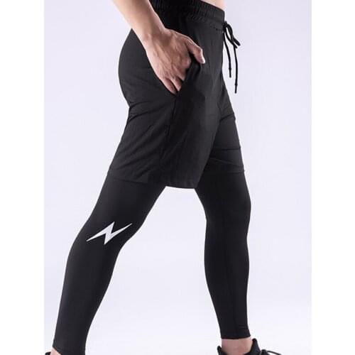 Fake Two-Piece Sports Pants Bodybuilding Sport Drawstring Quick-Dry Men Stretch Fitness Breathable Running Pants Gym can CSV