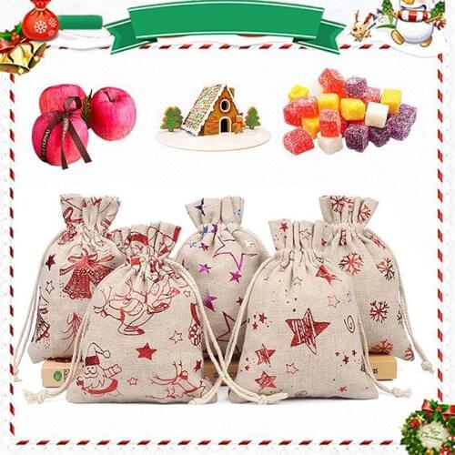 Christmas Gift Bag Santa Claus Elk Patterns Xmas Candy Drawstring Storage Bags Cotton Linen Sack Holder Packing Decor