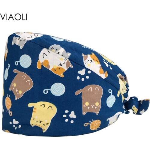 Womens Surgical Scrub Cap Cartoon Animal Print Medical Work Hat for Dentist Doctor Cotton with Sweatband Pet Grooming Nurse Hat