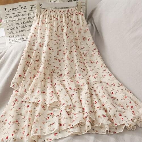 Mid-length Chiffon Pleated Refreshing Skirt Female Summer New Harajuku High Waist A-line Floral Irregular Ruffle Skirt Met Y2K