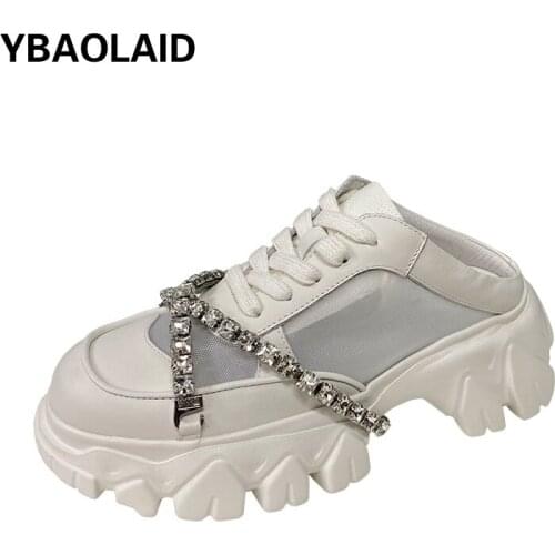 Rhinestone Chain Thick-soled Half Slippers Summer New Leather Mesh Lace Casual Platform Shoes Baotou Thick-soled Sandals
