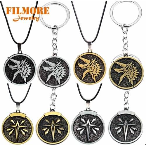 Vintage Wolf Head Coin Pendants Keychain Game Monster Hunter Dragon Choker Necklace Metal Charm Keyring for Women Drop Shipping