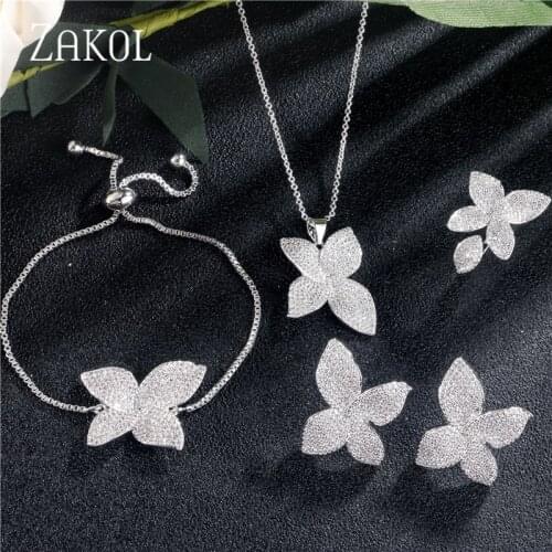 ZAKOL Luxury AAA Cubic Zircon Micro Pave Flower Earrings Ring Bracelet Necklace Set For Women Wedding Anneaux Jewelry FSSP3077